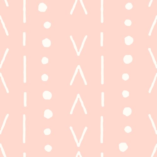 Mudcloth-inspired geometric pattern with hand-drawn lines, dots, and tribal-style markings arranged in a vertical repeat with an organic, imperfect texture.