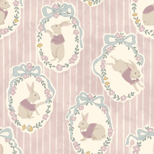 A seamless pattern featuring floral cameo frames with bows and storybook rabbits