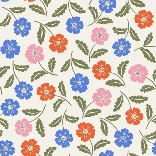 Charming floral design with small, hand-drawn flowers in red orange, pink and cobalt blue, accompanied by green leaves on a soft beige background with dense allover layout, creating a playful and whimsical vibe.