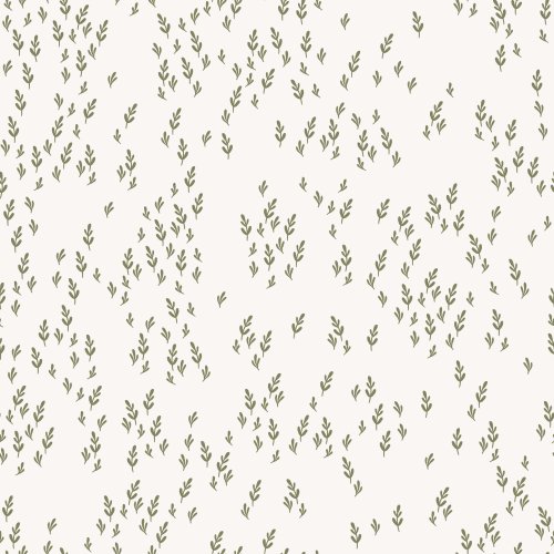 Seamless botanical pattern featuring scattered olive green leafy sprigs on a cream background.