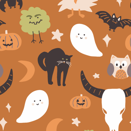 little halloween monsters with black cats, skulls, ghosts, pumpkins, bats, moons and owls 