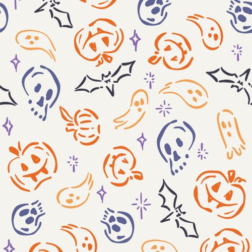 Ditsy Halloween Icons with Skulls Ghosts Bats and Pumpkins