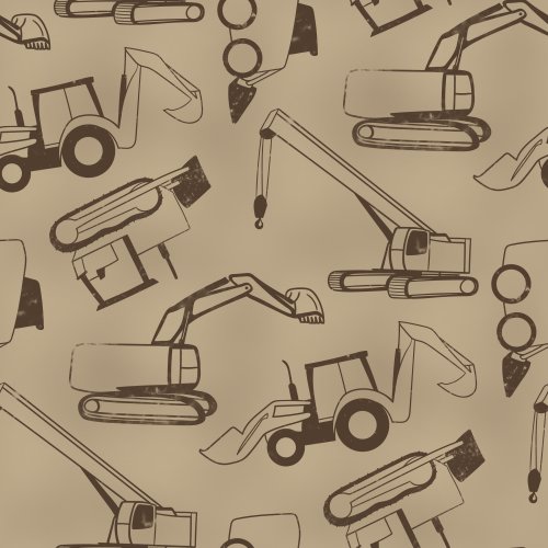 heavy equipment on in shades of brown on a tan background