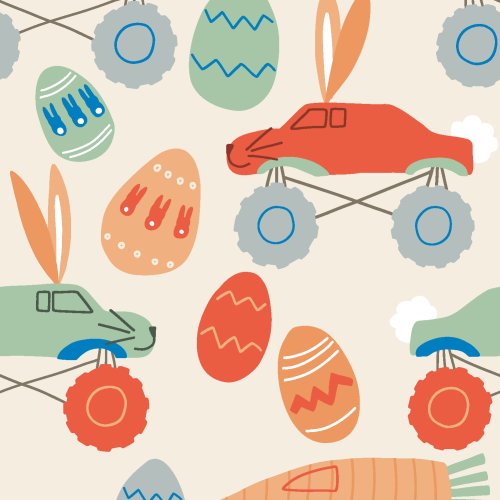 An easter pattern full of monster trucks dressed as easter bunny rabbits and a carrot truck with easter eggs perfect for boy and gender neutral spring