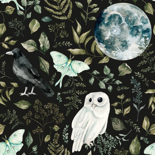 spooky forest with own, moths, birds