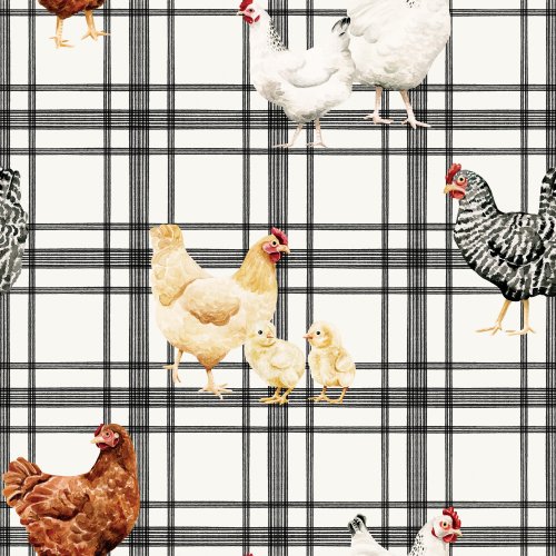 chicken on black and white plaid design