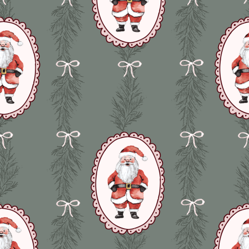 hand painted Santas inside a decorative oval on tope of a dark sage green background with hand painted pine greenery stripes and white bows