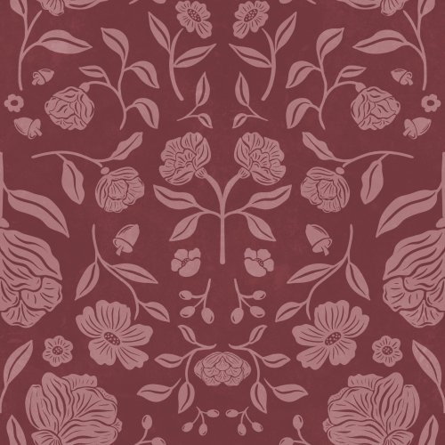 Folk-style floral pattern in pink tones on a rich berry red background, featuring stylised roses, leaves, and acorns in a hand-drawn symmetrical layout.