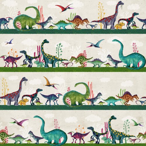 Dinosaurs walking in striped rows across the design, a playful prehistoric scene with gentle movement in natural and bright colors.