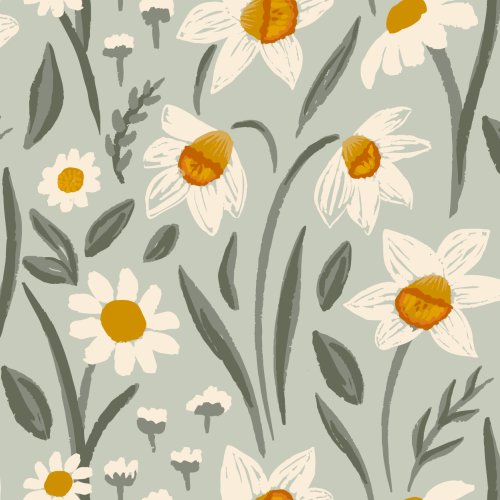 Daffodils and daisies on preppy traditional Easter fabric.