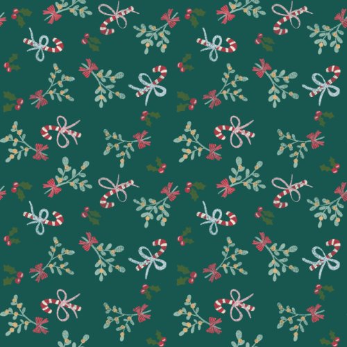 Candy Canes and Holly Scattered on a Forest Green Background