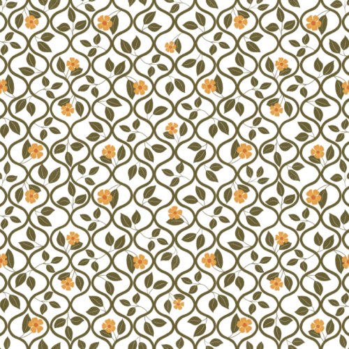 Golden Hollow collection, Curlycue Canopy: olive green curling vines form a trellis lattice dotted with small golden flowers on a white background, a classic botanical coordinate.