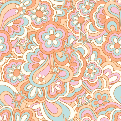 Retro swirling rainbows, flowers and stars in boho blue, peach and pinks