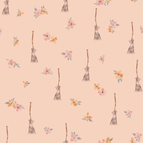 Light beige background with watercolor tiny flowers and witches broomsticks covered in flowers
