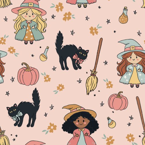 pink halloween design with witches and black cat