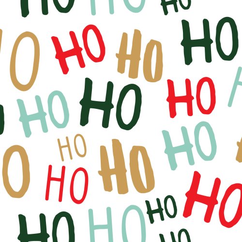 The words ho ho ho in green red mint and gold on a white background