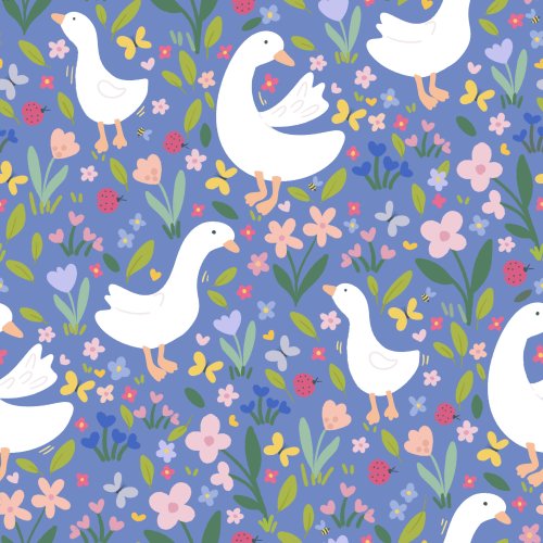 Playful Geese on a blue background with scattered flowers and bugs