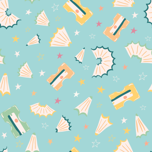 Scattered pencil shavings in varied shapes and sizes, mixed with small solid and outlined stars on a light blue background.
