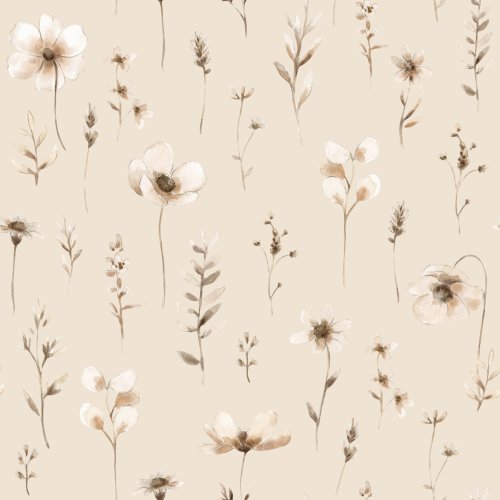 Hand painted watercolor meadow floral. Beige flowers.