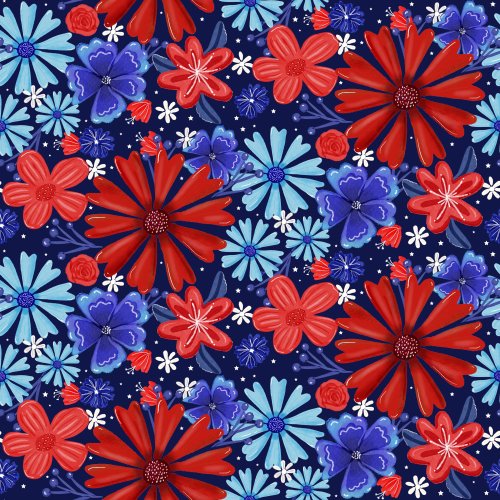 A floral made up of red white and blue flowers in a bold hand drawn watercolor style
