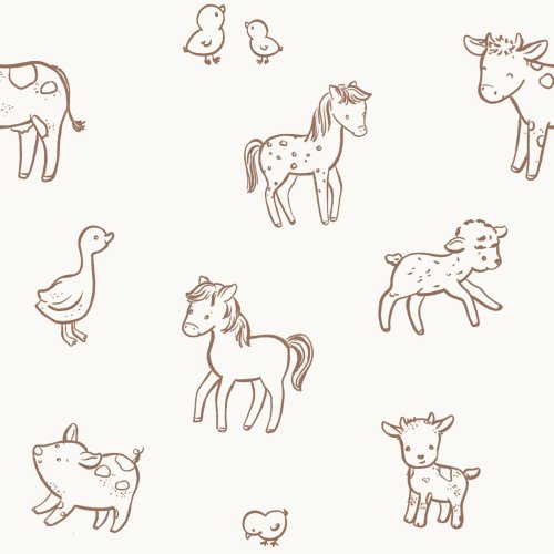 Horse, cow, sheep, goat, duck, pig and chicks contour in ivory background.