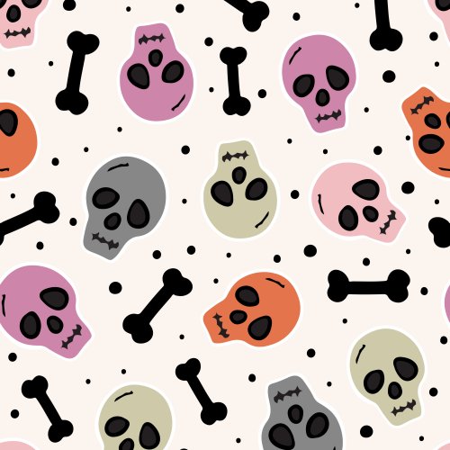 Tossed skulls, bones, grey, green, orange, pink, purple.  Pair with prints from Halloween Spooks 