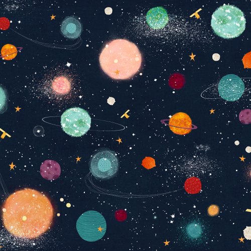 Planets, satellites, moons, and stars scattered across a dark sky background, a playful outer space design.