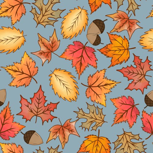 fall leaves and acorns on blue background