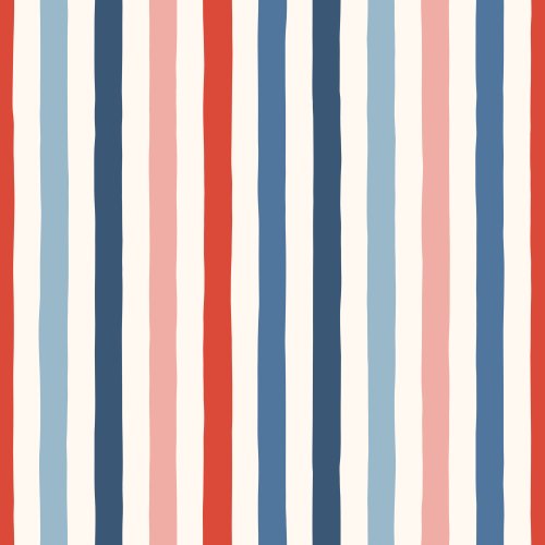 Vertical red white and blue cabana stripes with softly wobbly, hand-painted edges sit on a creamy ivory background, creating a classic cabana/awning look with a retro americana twist. 