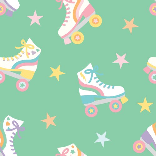 Colorful retro roller skates and stars on a mint green background