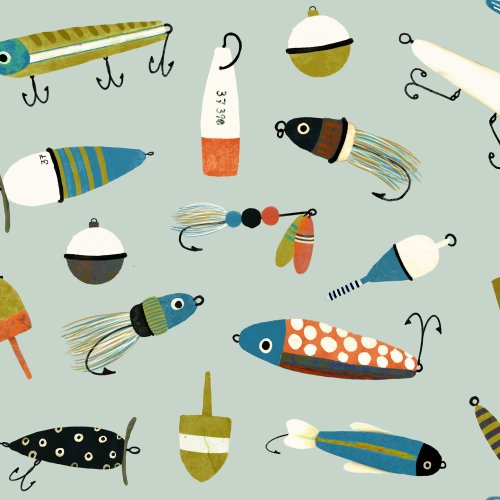Assortment of fishing lures in a tossed scattered layout, featuring different lure types across a soft background.