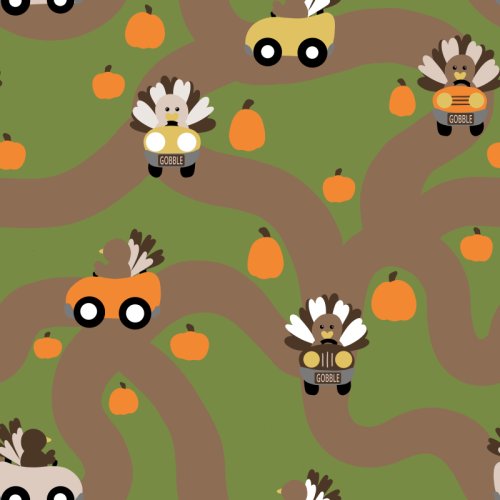 turkeys driving in cars on dirt roads with pumpkins