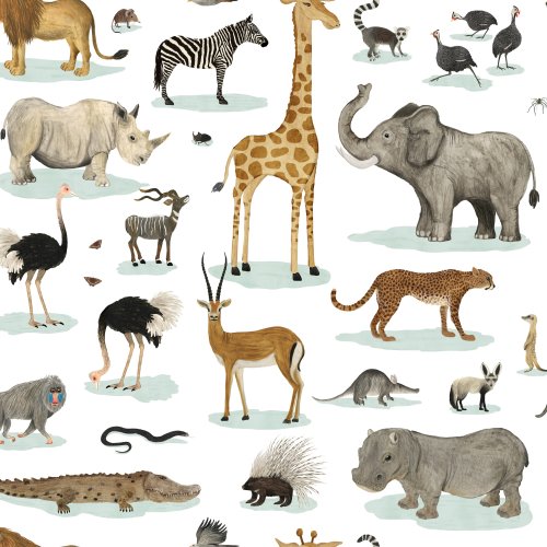 Safari animals including lions, elephants, giraffes, and zebras scattered across a soft background in a gentle playful style.
