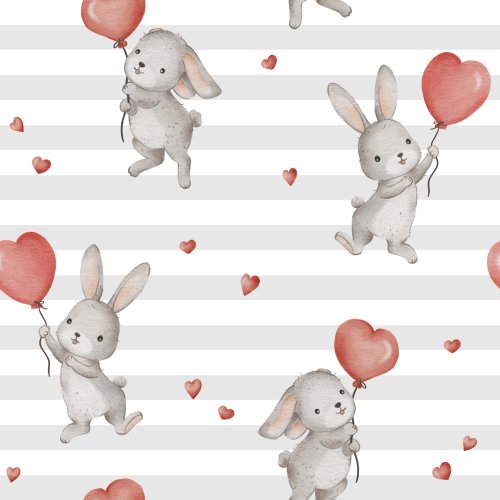 Valentine’s bunnies and hearts in grey stripes.