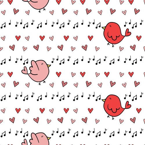 pink birds, flowers, and hearts on a white background