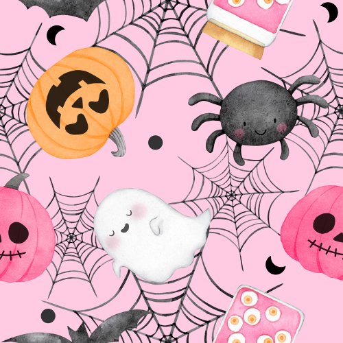 pink halloween design with spiders and pumpkins