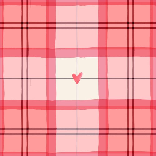 A hand-drawn plaid pattern in shades of red and pink on a beige background, featuring a small heart in the center of each plaid square. The pattern has a warm, playful feel, making it perfect for a Valentine's or cozy aesthetic.