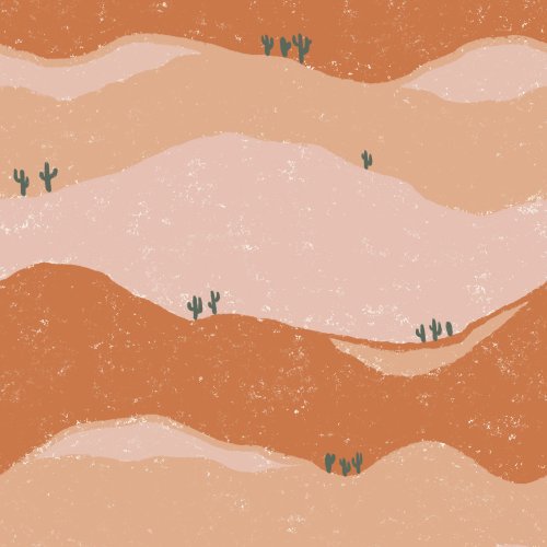 Hand drawn textured wavy horizontal stripes resembling layers of rock in a canyon with tiny cacti 