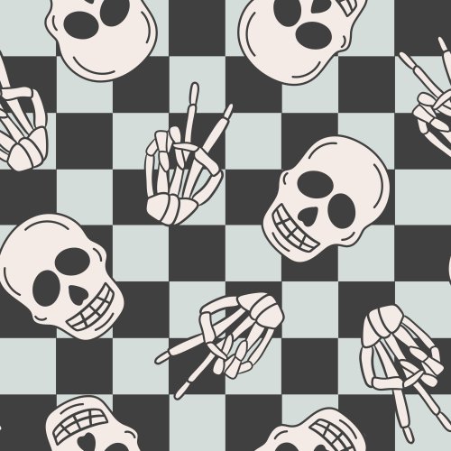 skeleton skulls on blue and black checkerboard