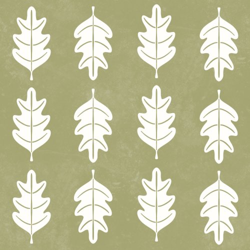 simple stylised oak leaf motif in cream repeated on a muted green textured background.