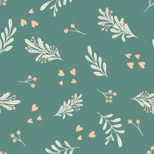 Minimal winter botanical pattern featuring delicate foliage, berries and tiny hearts on a deep teal green background