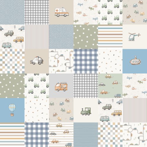 Hand drawn patchwork cheater quilt design with transportation theme. 