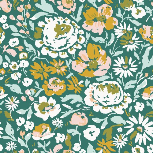 Abstract spring florals on a deep green background