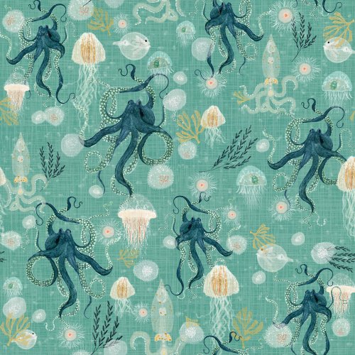 Octopus and jellyfish drifting together in an underwater scene with a soft marine background and gentle ocean feel.