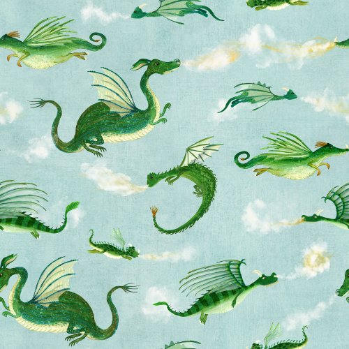 Assortment of dragons flying across the sky, some breathing fire, in a playful mythical scene.