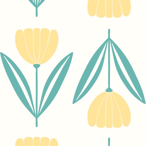 Design with butter yellow tulip flowers, teal leaves and stems on a cream background