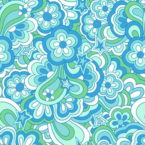 Groovy Retro rainbows and stars with retro flowers in bright blue green and aqua blue