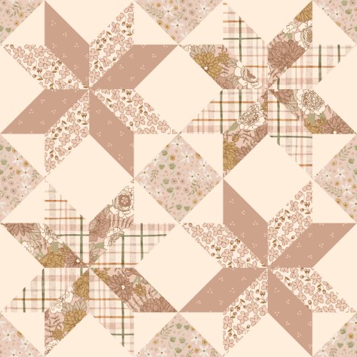 A patchwork design based on an 8 pointed star with florals and soft pinks.