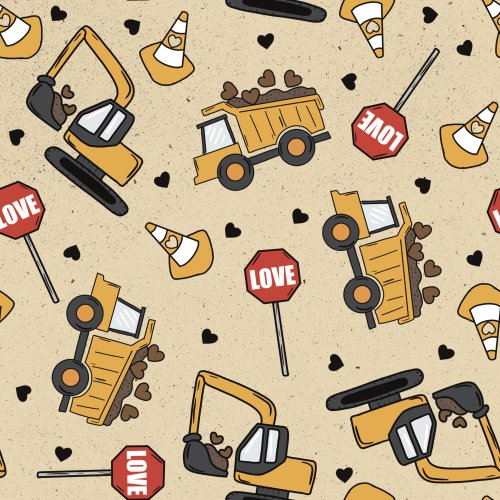 Valentines Day fabric design with tractors dumptrucks and hearts