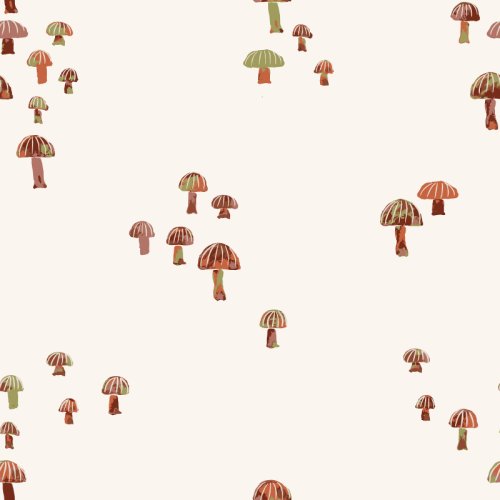 tiny handpainted mushrooms scattered on a cream background